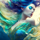 Illustration of woman with flowing hair and fish in vibrant sea.