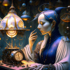 Blue-skinned humanoid figure surrounded by golden mechanical ornaments and glowing orbs