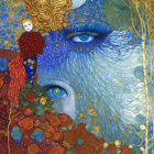 Stylized artwork of woman in detailed gown with blue eye and golden patterns