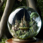 Crystal ball showing castle in forest on ornate table with curtains and foliage.