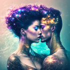 Cosmic-themed portrait of a woman and man with glittering skin and nebula-like hair