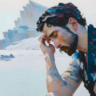 Man with dark curls in pensive pose against snowy backdrop with colorful brushstrokes.