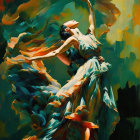 Colorful painting of a dancer in mid-twirl with flowing dress and abstract background