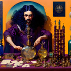 Alchemist in purple robe with compass and ancient instruments