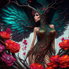 Fantasy illustration: Woman with tree-branch antlers, blue wings, nature-inspired body art