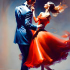 Man and woman in suit and red dress dance with dynamic brushstrokes.