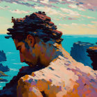 Surreal seascape with man's profile, cubist elements, and vibrant colors