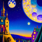 Vibrant village painting with starry night sky & crescent moon