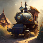 Ornate steampunk vehicle with celestial motifs in dreamlike landscape