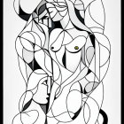 Abstract Monochrome Artwork: Intertwined Human Figures with Flowing Lines