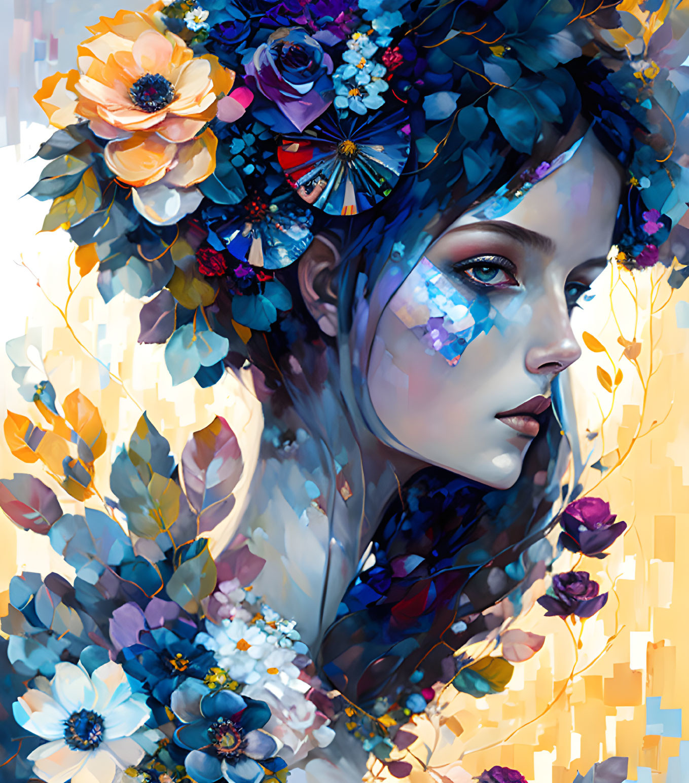 Colorful digital portrait of a woman with floral wreath and delicate petals