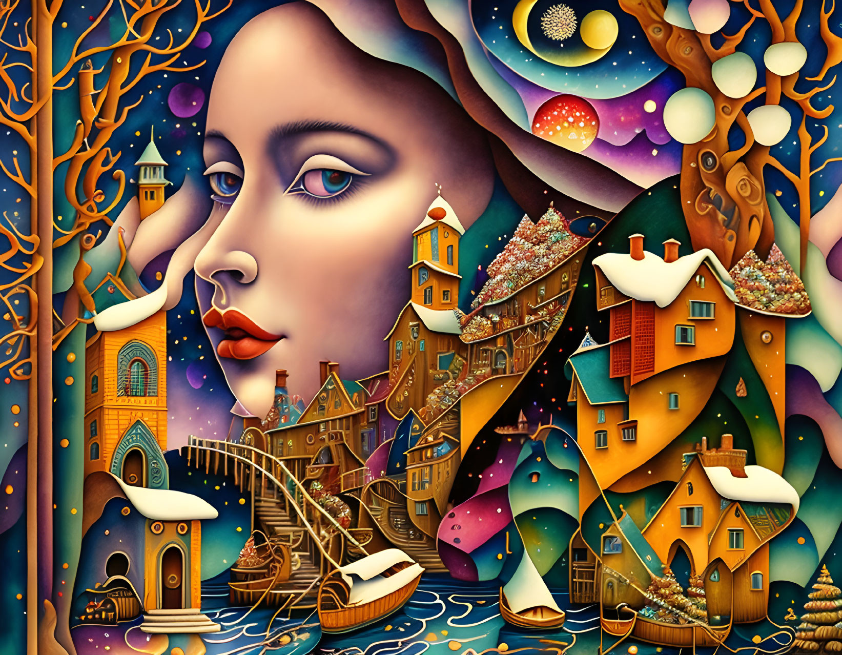 Whimsical village scene blending with woman's face