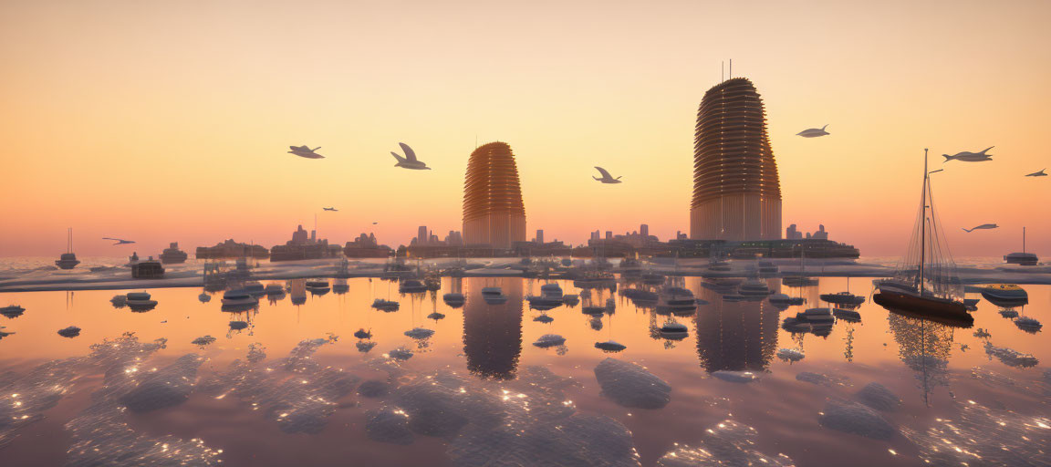 Tranquil orange sunset over water with skyscrapers, boats, and birds