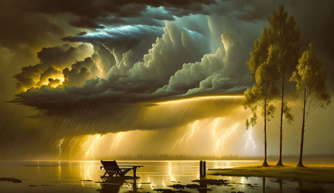 Stormy Lake Scene: Lightning, Dark Clouds, Silhouetted Trees & Bench