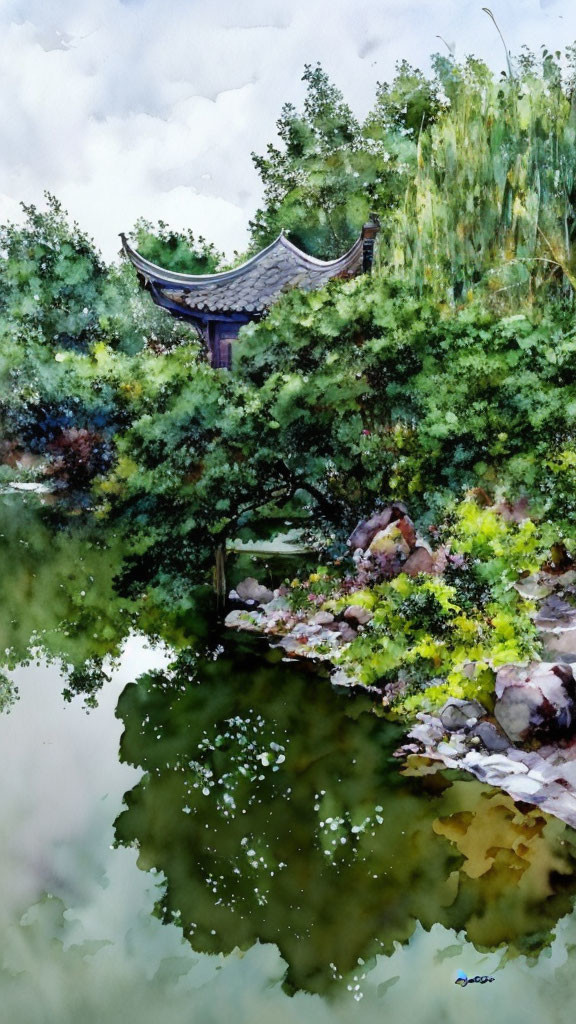 Tranquil watercolor painting of Asian-style pavilion by serene pond