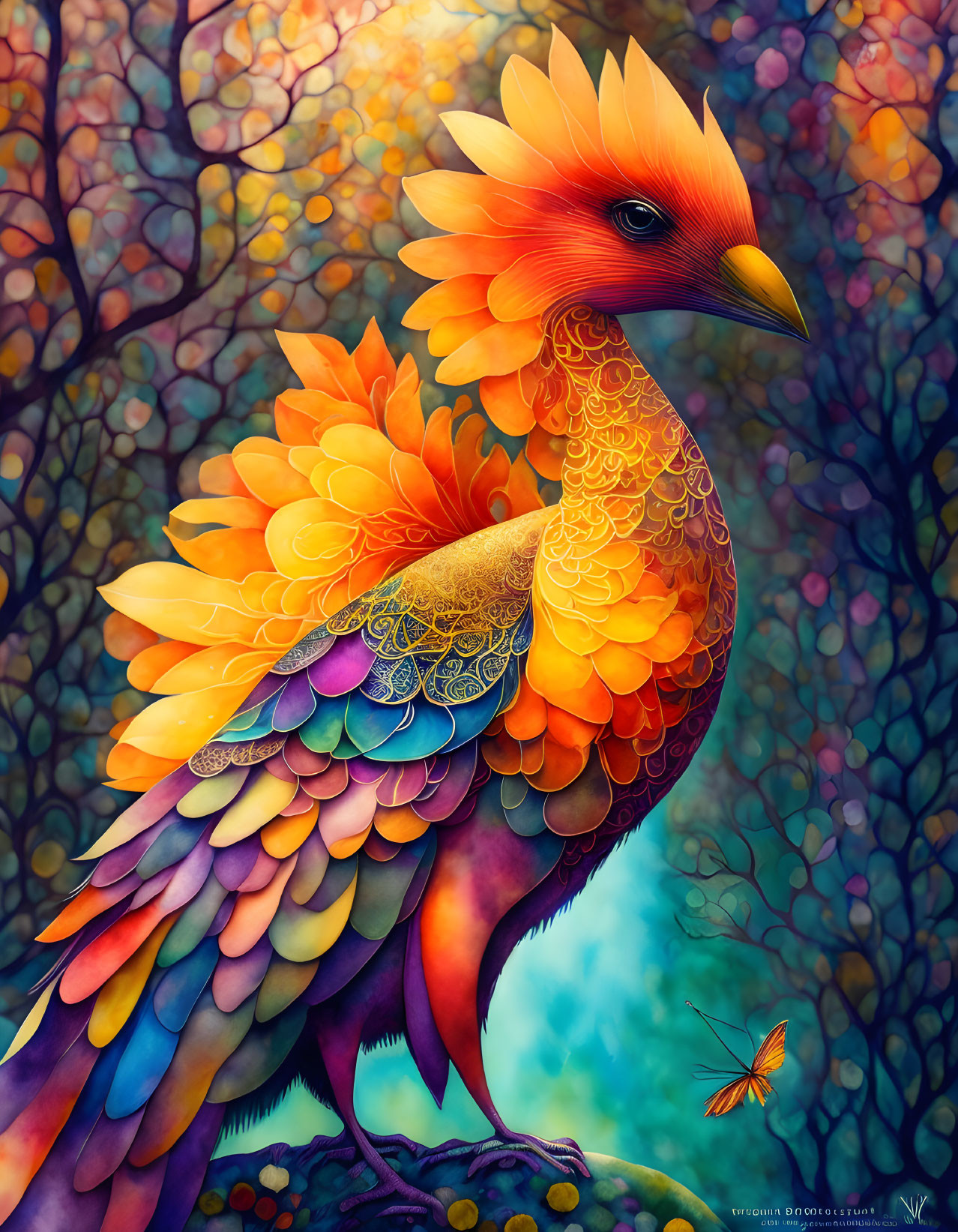 Colorful Fantastical Bird in Vibrant Forest Scene