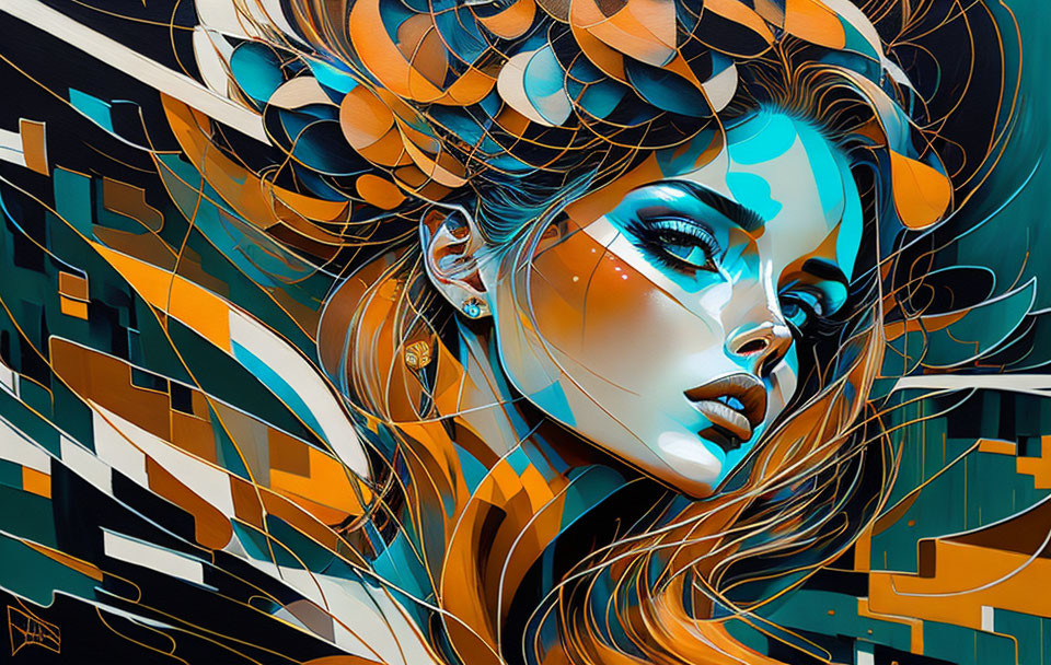 Colorful digital artwork: Woman with flowing hair and geometric patterns in teal, orange, gold.