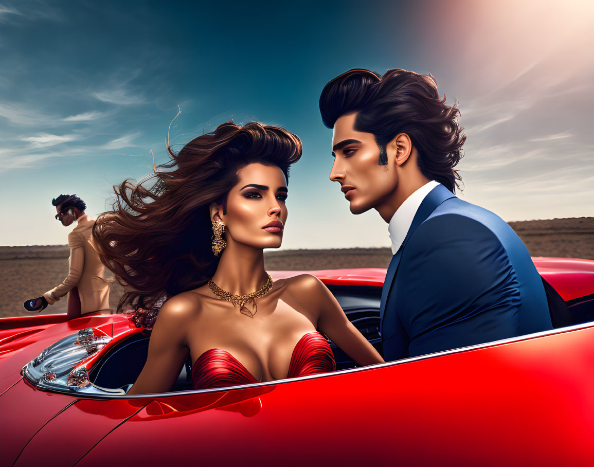 Fashionable couple in classic red convertible with stylish attire and striking hairstyles.