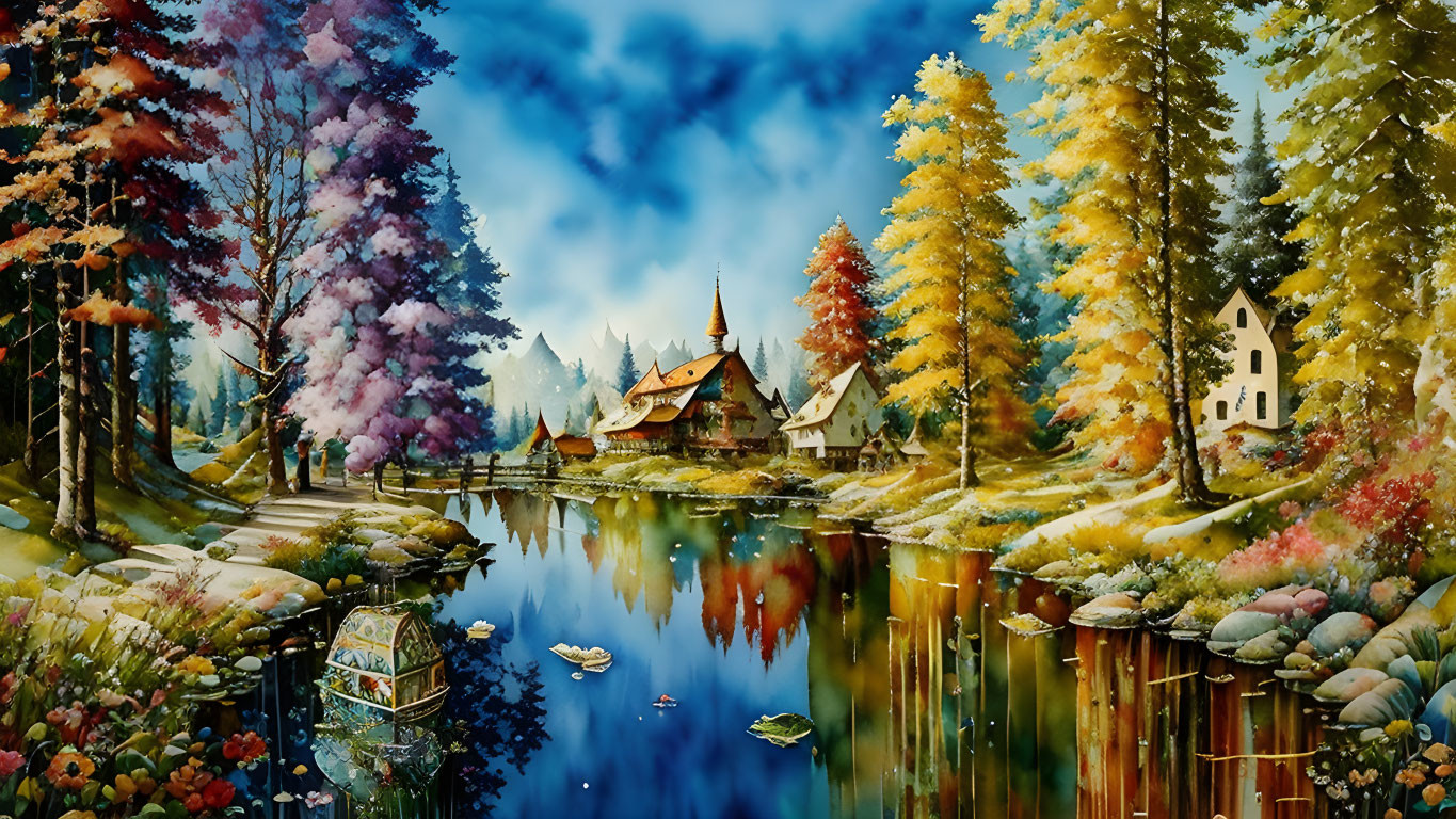 Autumnal village painting by serene lake & colorful trees