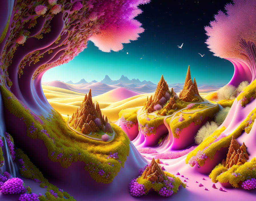 Vibrant pink and yellow surreal landscape with whimsical trees and flowing rivers