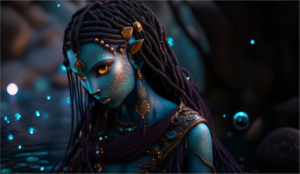 Blue-skinned female figure with elf-like ears and glowing blue dots on dark background