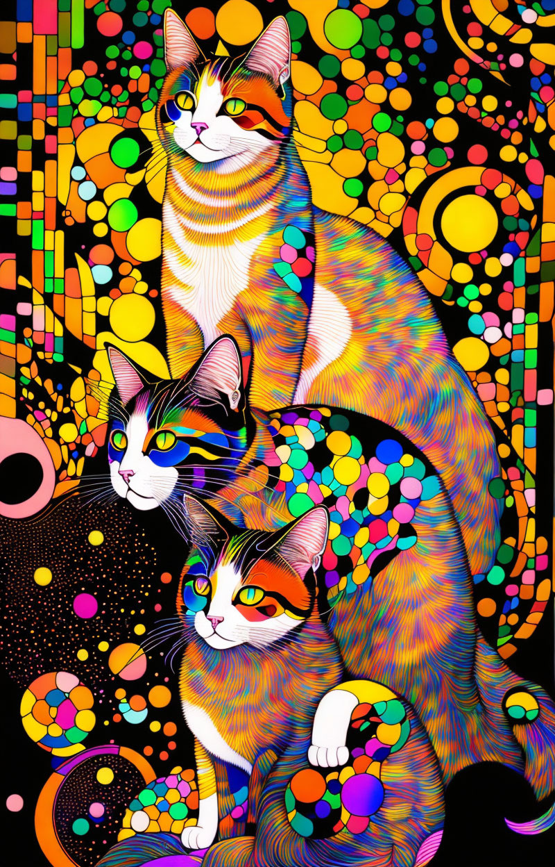 Vivid Psychedelic Background with Colorful Stylized Cats