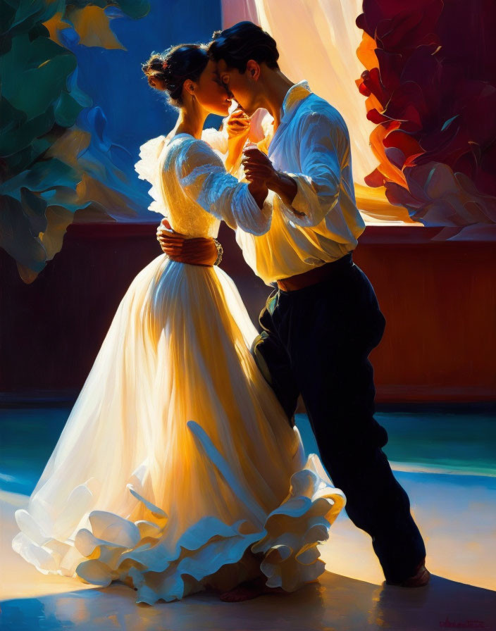 Elegant couple dancing intimately in dramatic lighting