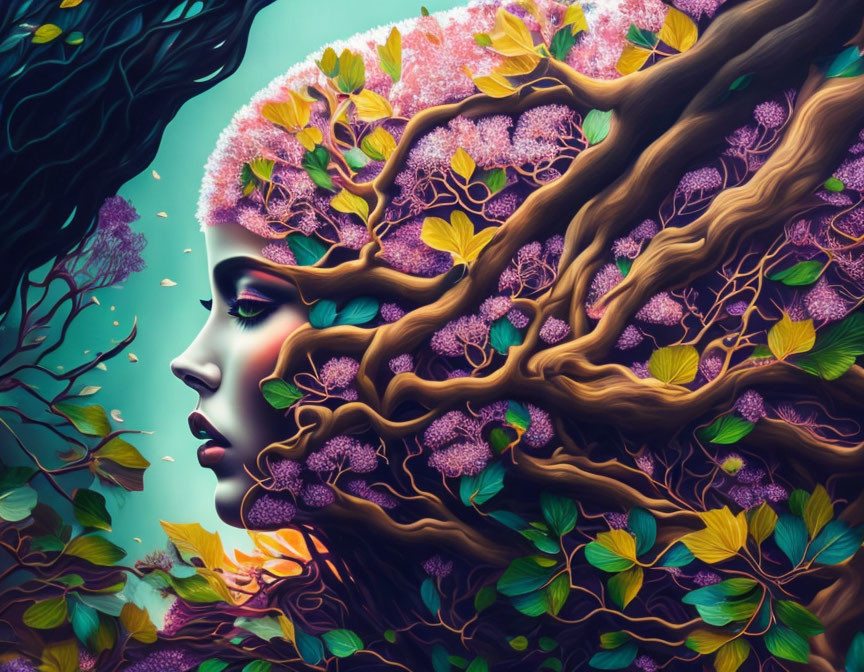 Woman's profile merges with tree in artistic image with colorful blossoms.