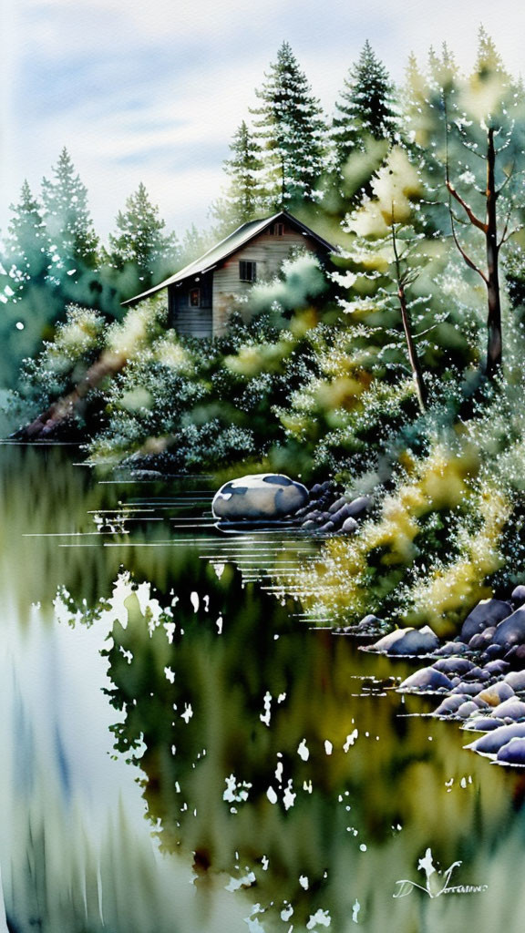 Tranquil lakeside cabin painting with lush greenery