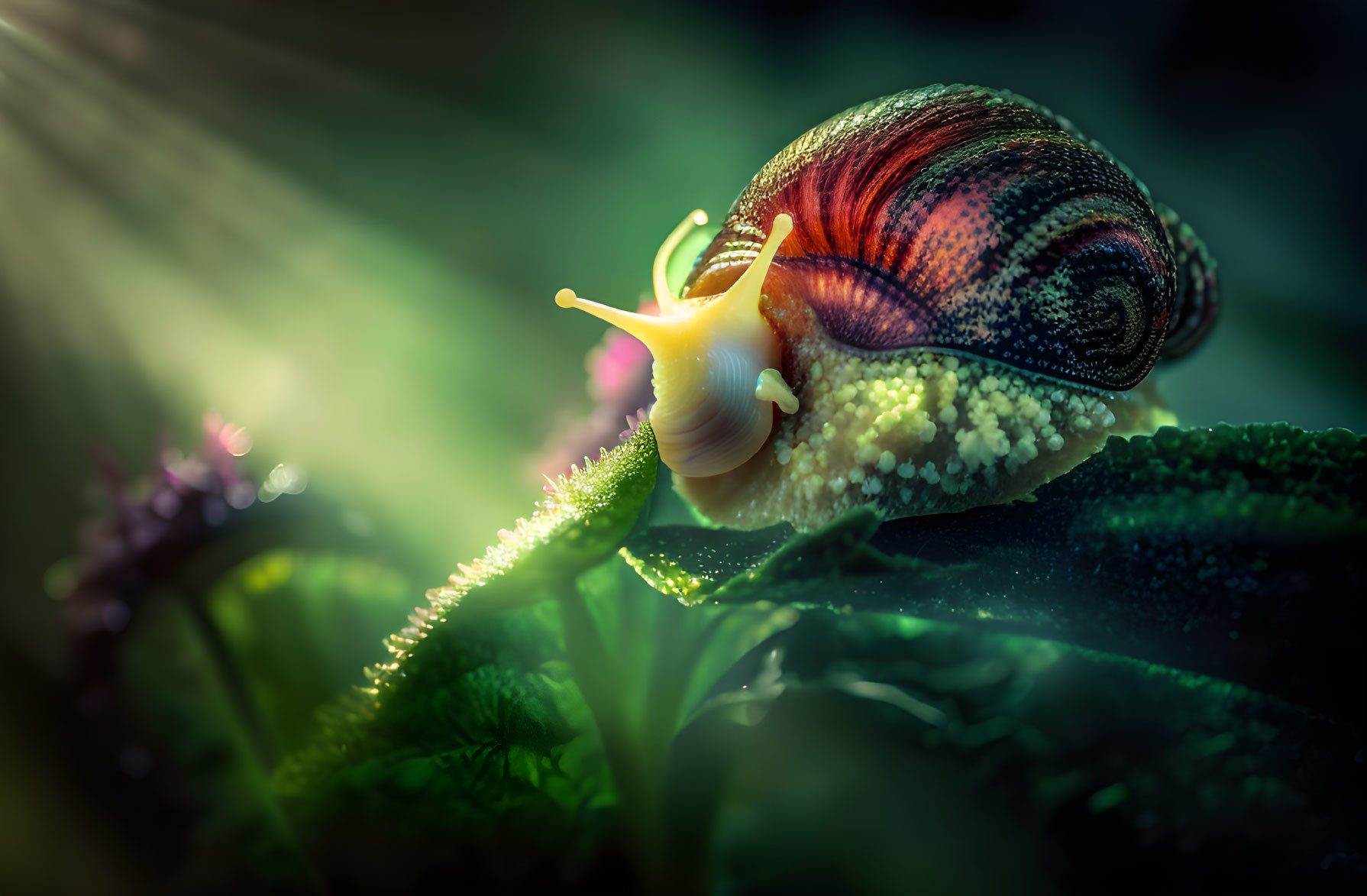 Colorful Snail on Leaf with Glistening Trail in Sunlit Greenery