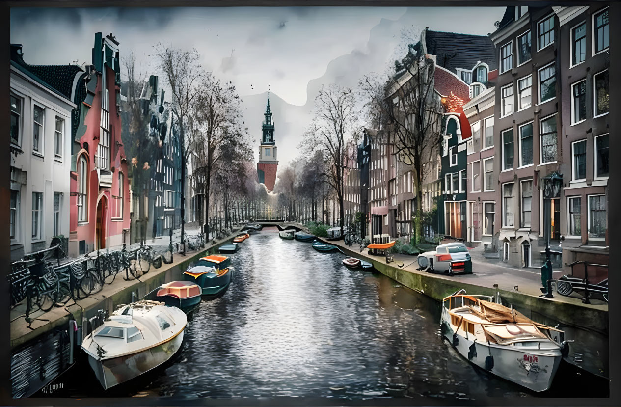 Canal in Amsterdam with Colorful Houses, Boats, and Church Tower