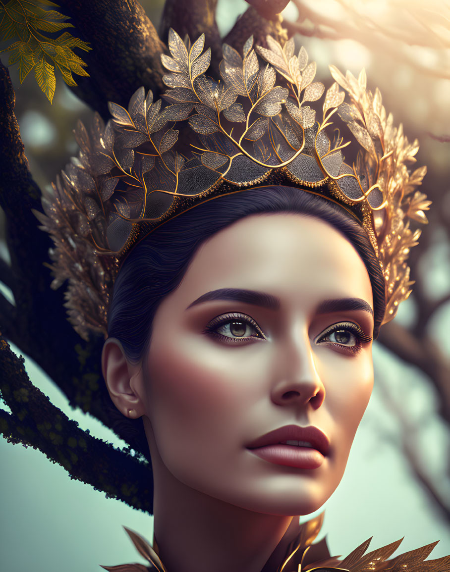 Woman with Golden Leaf Crown Gazing in Soft-focus Background