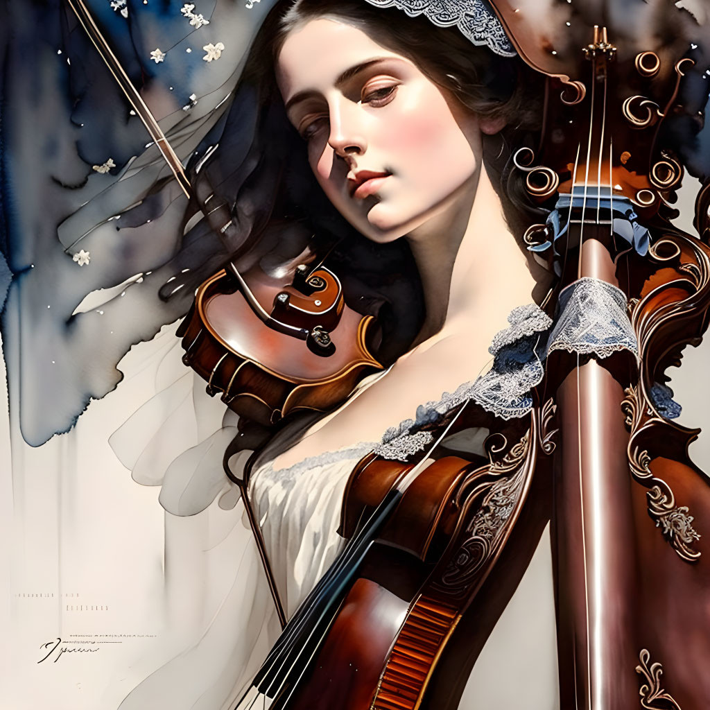 Surreal illustration: Woman with flowing hair merging into violin