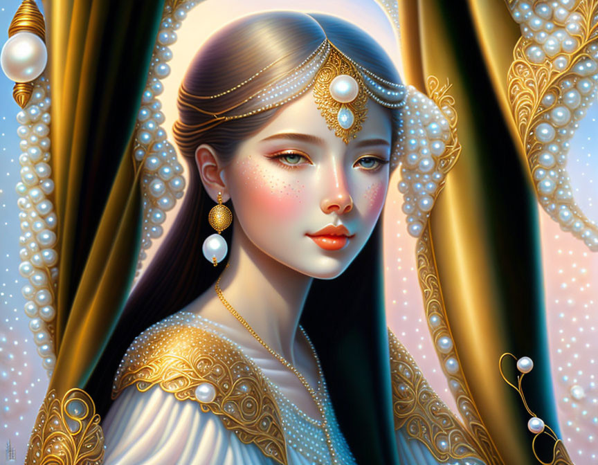 Illustration of Fair-Skinned Woman in Pearls and Gold Attire