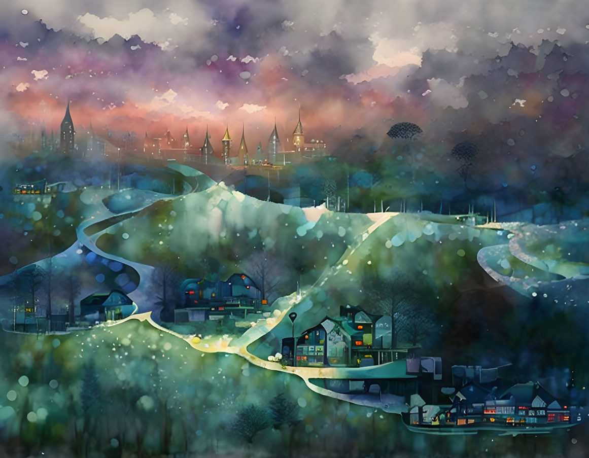 Whimsical town watercolor illustration with snow-covered hills