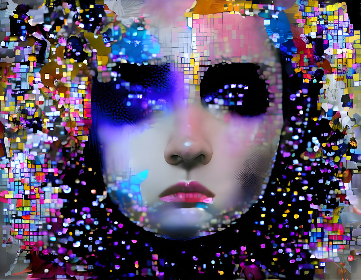 Fragmented Pixelated Female Face Art with Surreal Cyberpunk Aesthetic