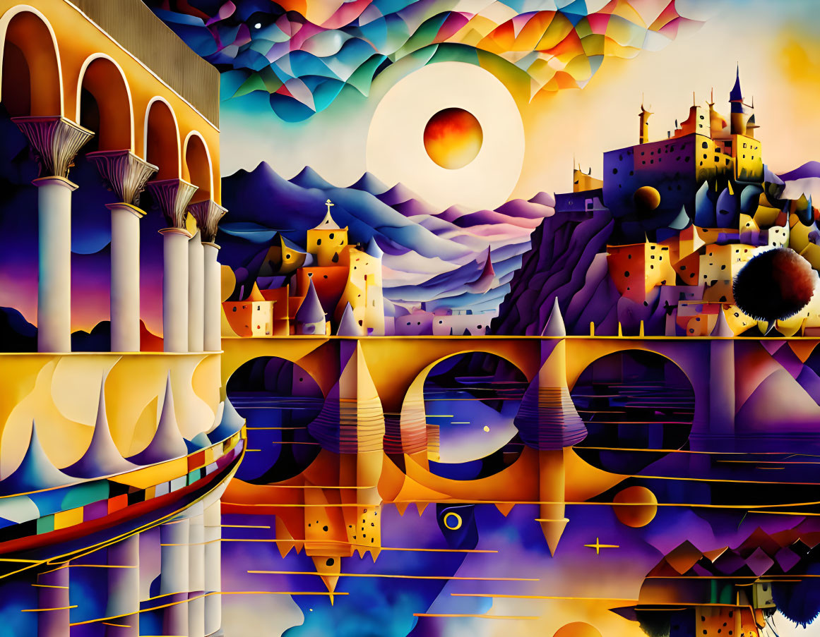 Colorful surreal landscape with stylized architecture and layered mountains