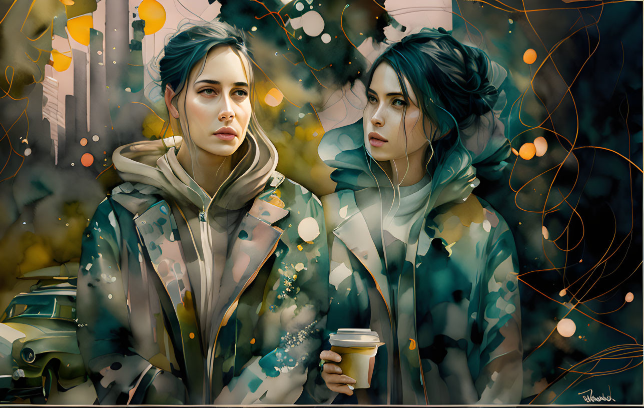 Turquoise-haired woman in camouflage jacket with coffee cup in urban digital artwork