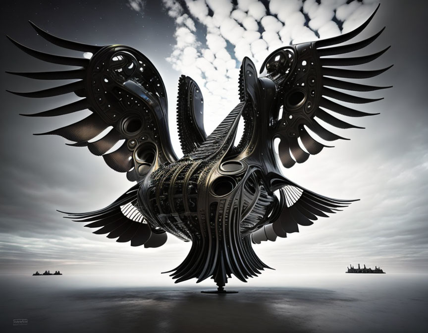 Ornate mechanical bird sculpture with expansive wings and intricate detailing against cloudy sky and calm sea with ships