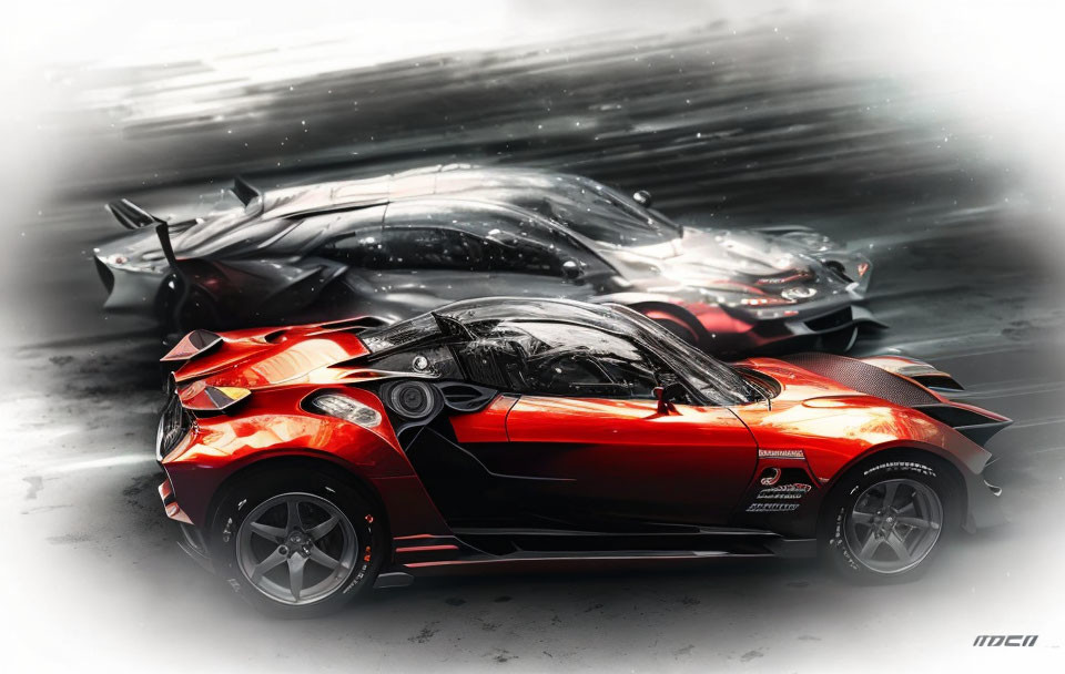 Stylized red sports car with motion-blurred supercars on monochromatic background