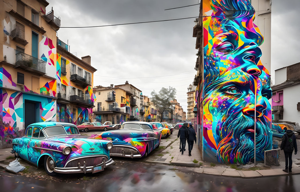 Colorful graffiti mural of bearded man, classic cars, pedestrians on cloudy day