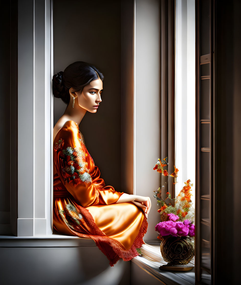 Woman in ornate orange dress sitting by window with bouquet of flowers