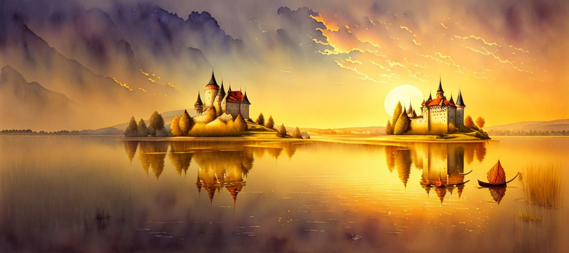 Fantasy landscape with castles on islands, sunset sky, sailboat, and calm water