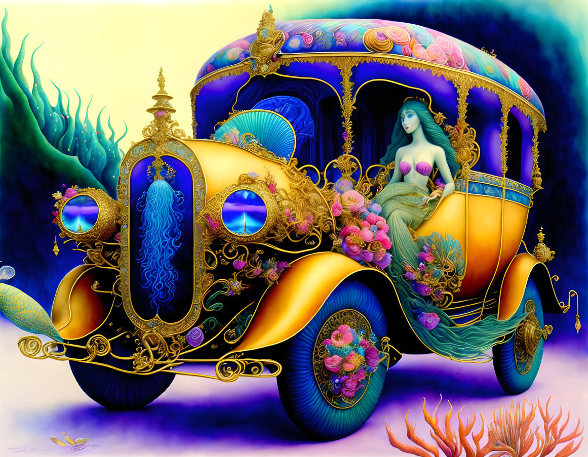 Vibrant painting of vintage car with mermaid in underwater scene