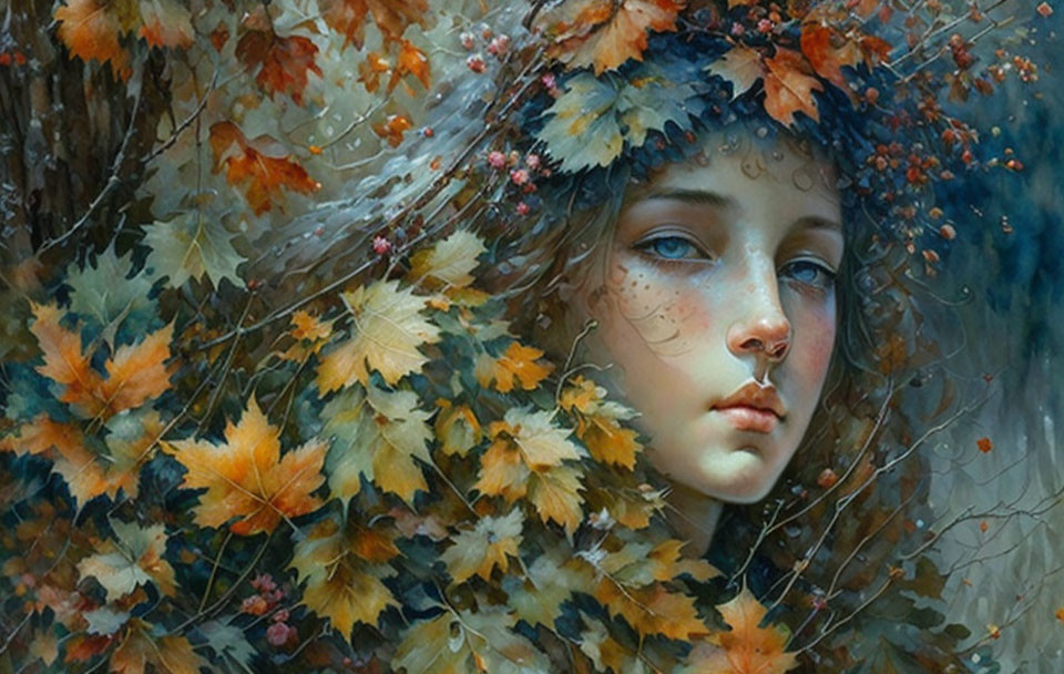 Young woman merged with autumn leaves and berries in a serene setting