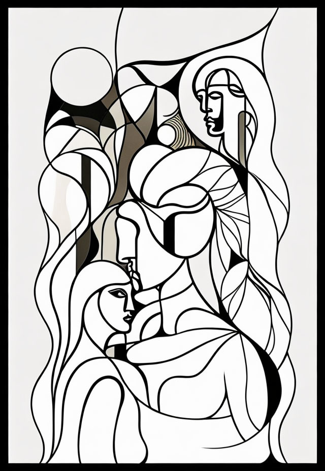 Abstract Monochrome Artwork: Intertwined Human Figures with Flowing Lines