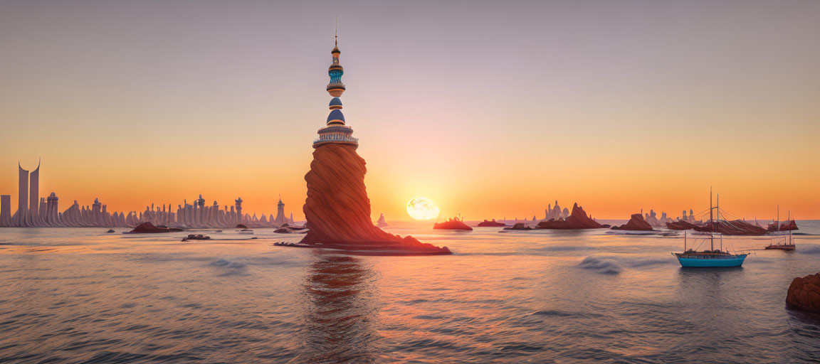 Futuristic cityscape at sunset with central spire, ocean, boats, and skyline