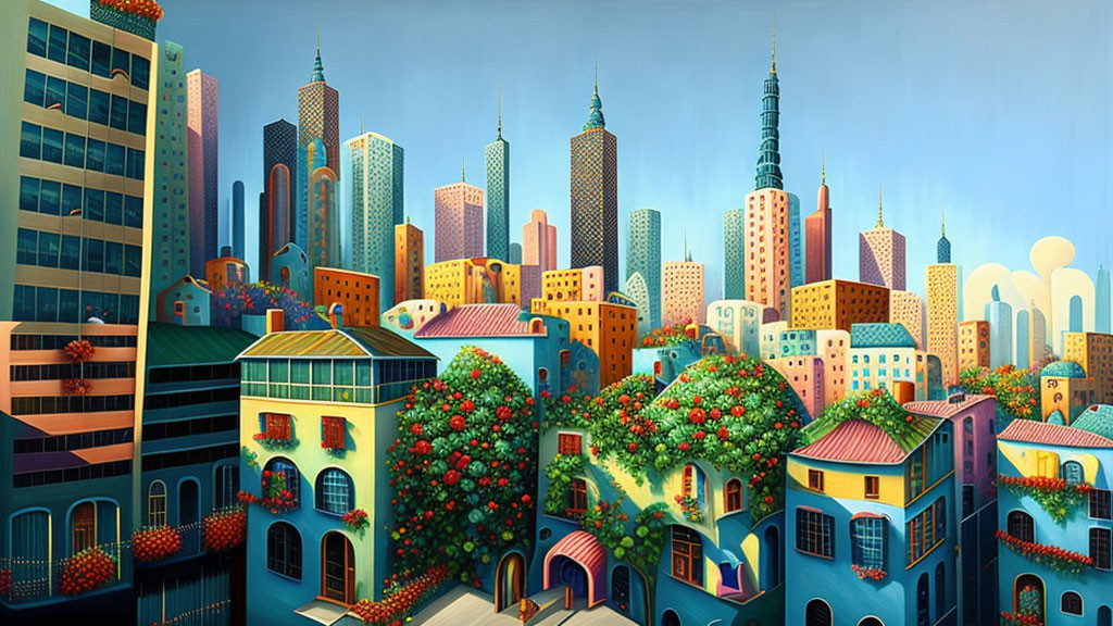 Vibrant cityscape artwork with colorful, stylized buildings and trees