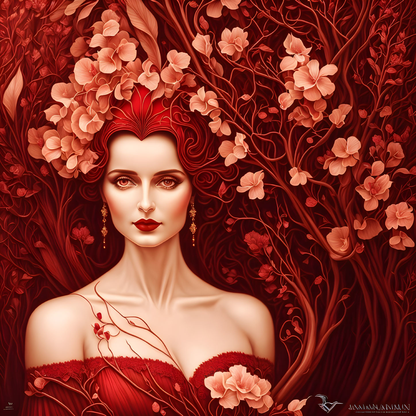 Detailed artwork: Woman with red hair and floral backdrop in deep red and pink.