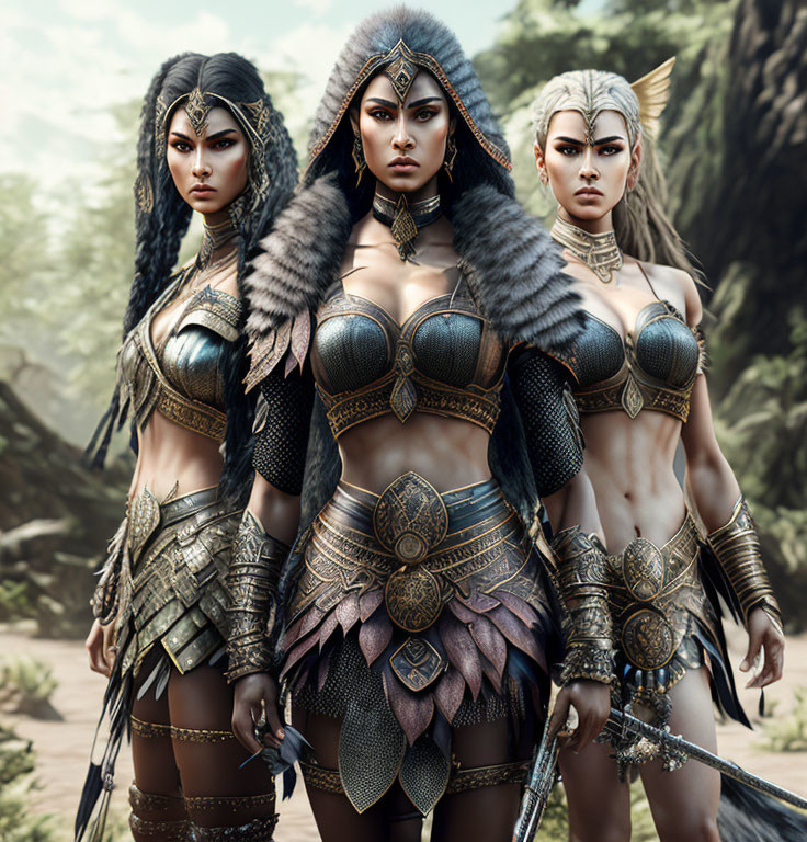 Three female warriors in ornate armor in a forest setting